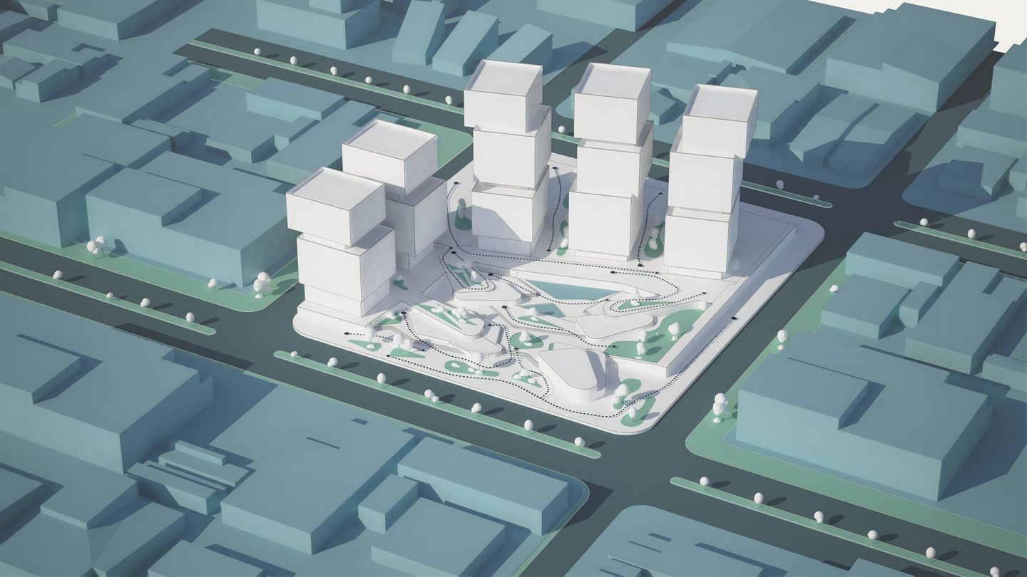 Diagrama arquitectónico 3D de Axogram con volúmenes y recorridos